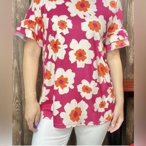 92 Vibrant Floral Ruffle Sleeve Blouse